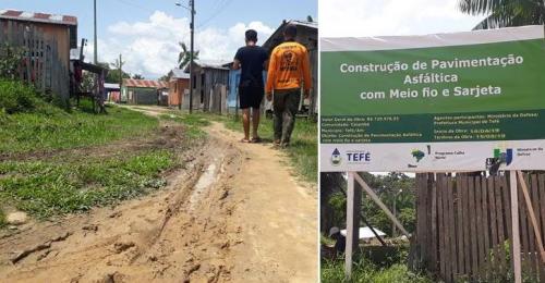 Moradores de Caiambé, em Tefé, contestam propaganda enganosa da Prefeitura e cobram asfalto Moradores de Caiambé, em Tefé, contestam propaganda enganosa da Prefeitura e cobram asfalto