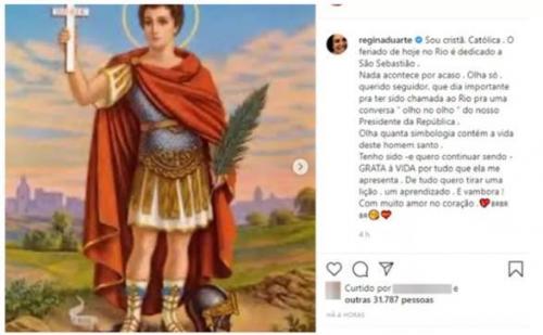 Regina Duarte comemora dia de São Sebastião com foto de Santo Expedito Regina Duarte comemora dia de São Sebastião com foto de Santo Expedito