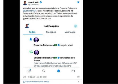 Josué Neto comemora por Eduardo Bolsonaro segui-lo no twitter Josué Neto comemora por Eduardo Bolsonaro segui-lo no twitter