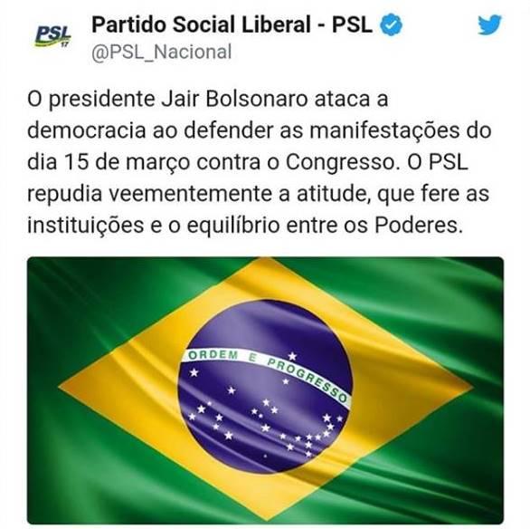 PSL repudia fala de Bolsonaro: 'Ataca a democracia, fere o equilíbrio entre os poderes' PSL repudia fala de Bolsonaro: 'Ataca a democracia, fere o equilíbrio entre os poderes'