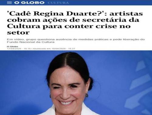 Governo Federal abandona artistas na pandemia e Regina Duarte na inércia Governo Federal abandona artistas na pandemia e Regina Duarte na inércia