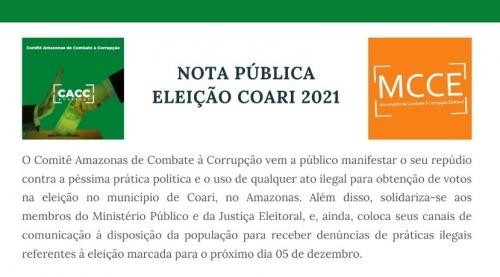Em Nota, Comitê pede eleição livre, limpa e respeito à legislação em Coari Em Nota, Comitê pede eleição livre, limpa e respeito à legislação em Coari
