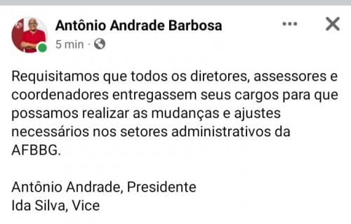 Presidente do Garantido pede que diretores entreguem cargos, mas apaga postagem Presidente do Garantido pede que diretores entreguem cargos, mas apaga postagem